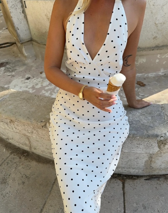 Elizabeth Polkaprikket Halter Midi Kjole