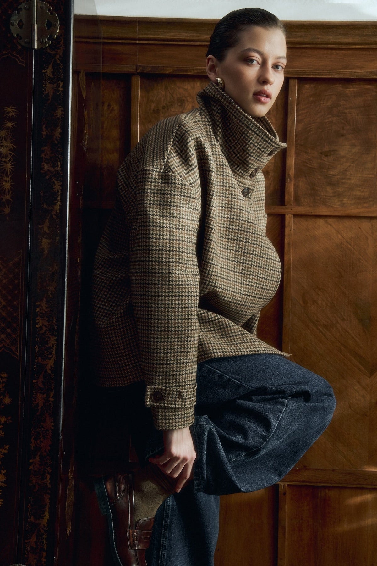 ZEYA - Amy Funnel Neck Houndstooth Short Jacket