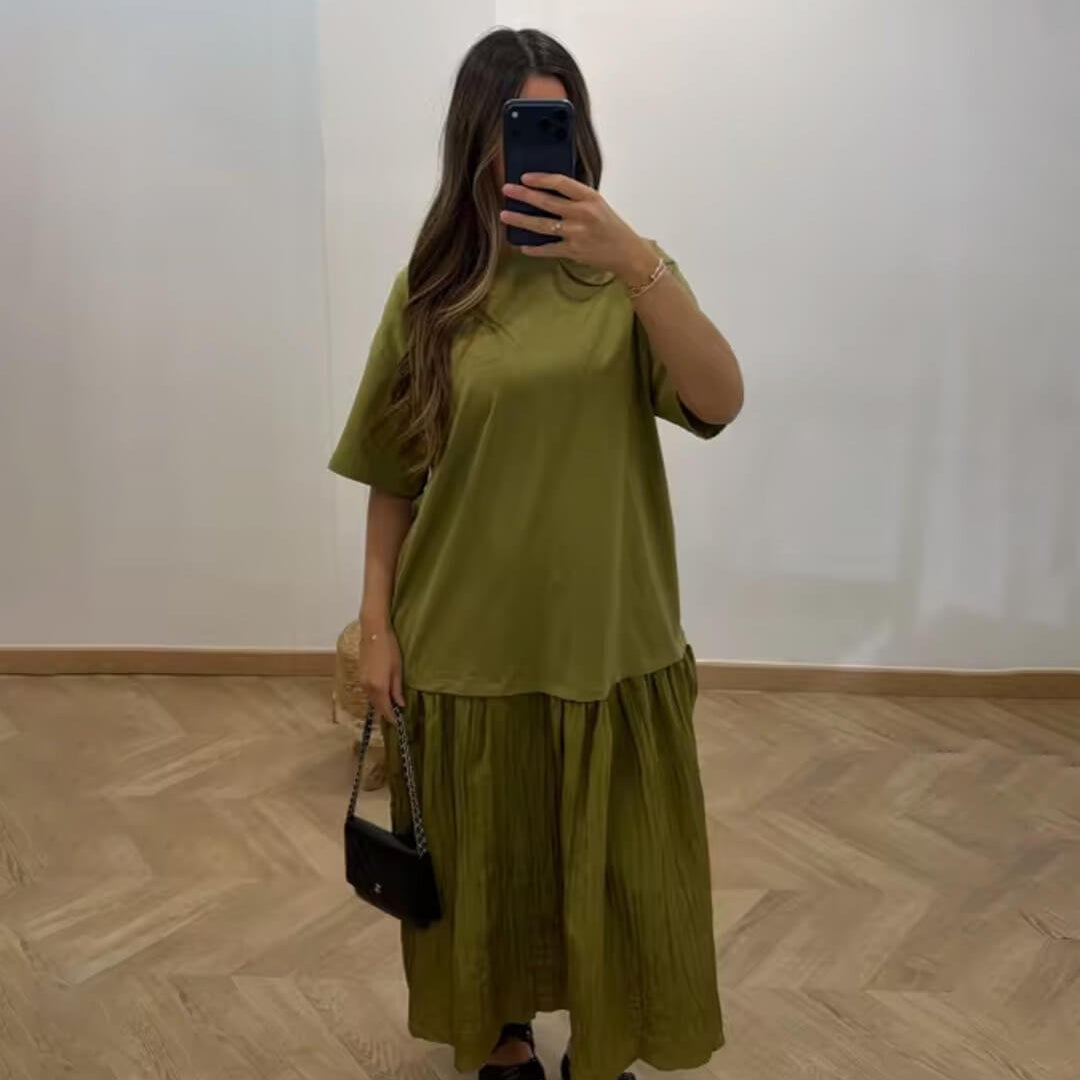 ZEYA - Amybeth Pleated Patchwork Midi Dress