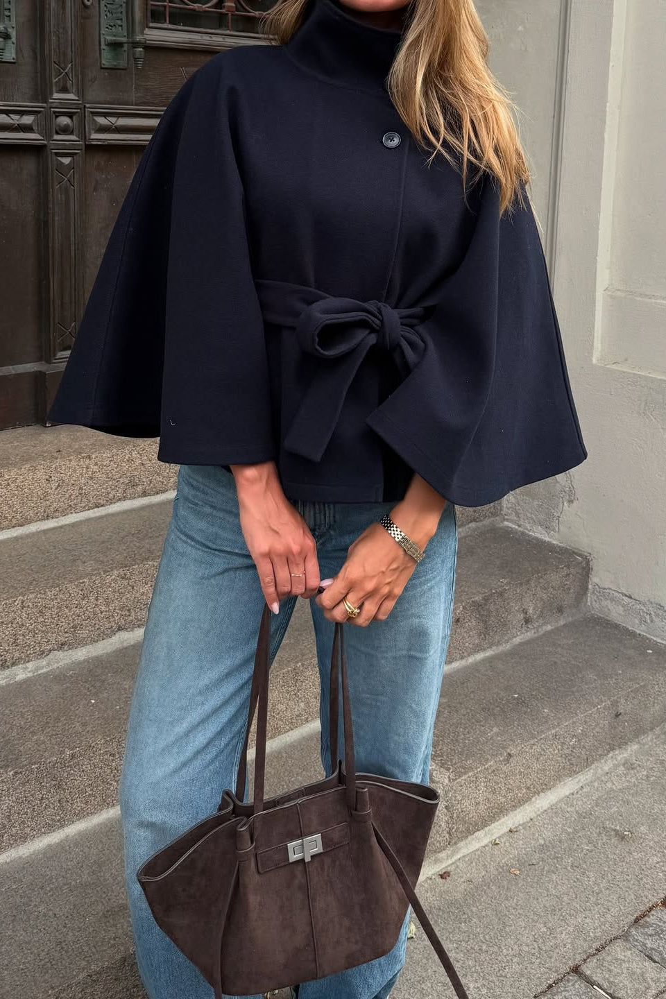 ZEYA - Arianne Elegant High - Neck Belted Cape Jacket