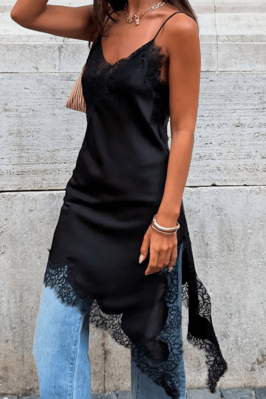 ZEYA - Chiara Asymmetric Satin Lace Midi Dress
