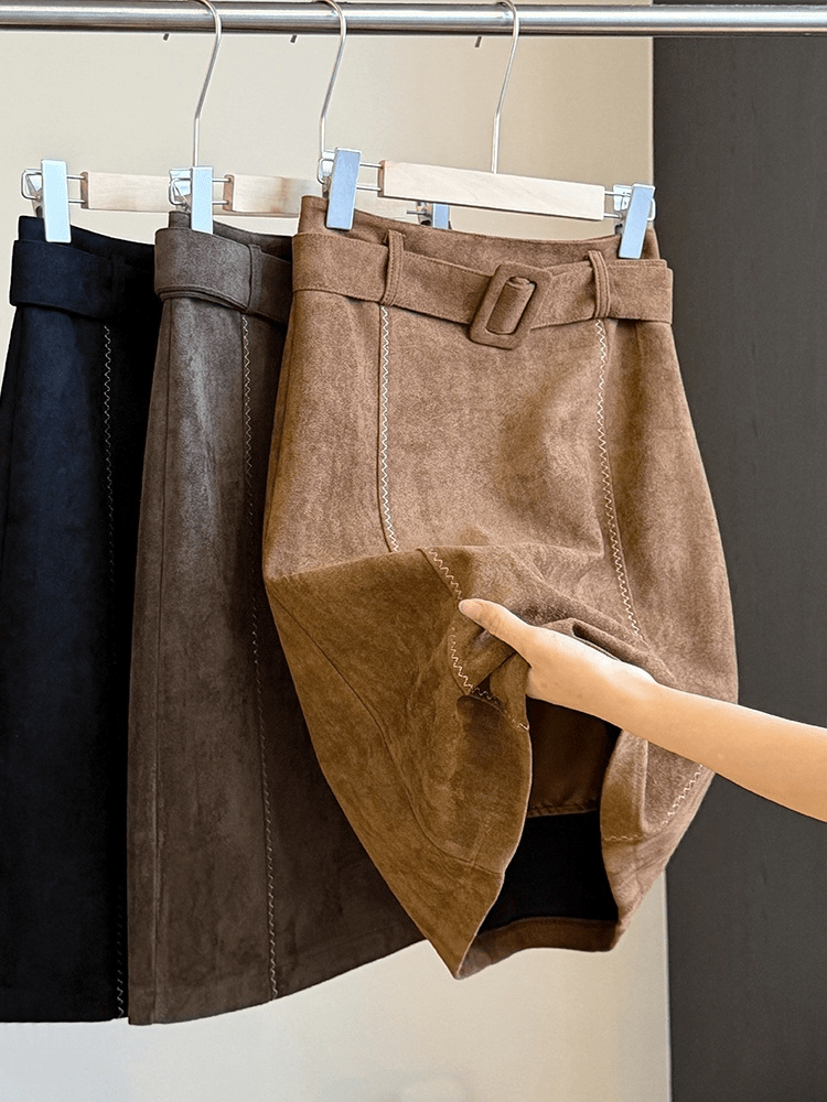 ZEYA - Clara Belted Faux Suede Midi Skirt