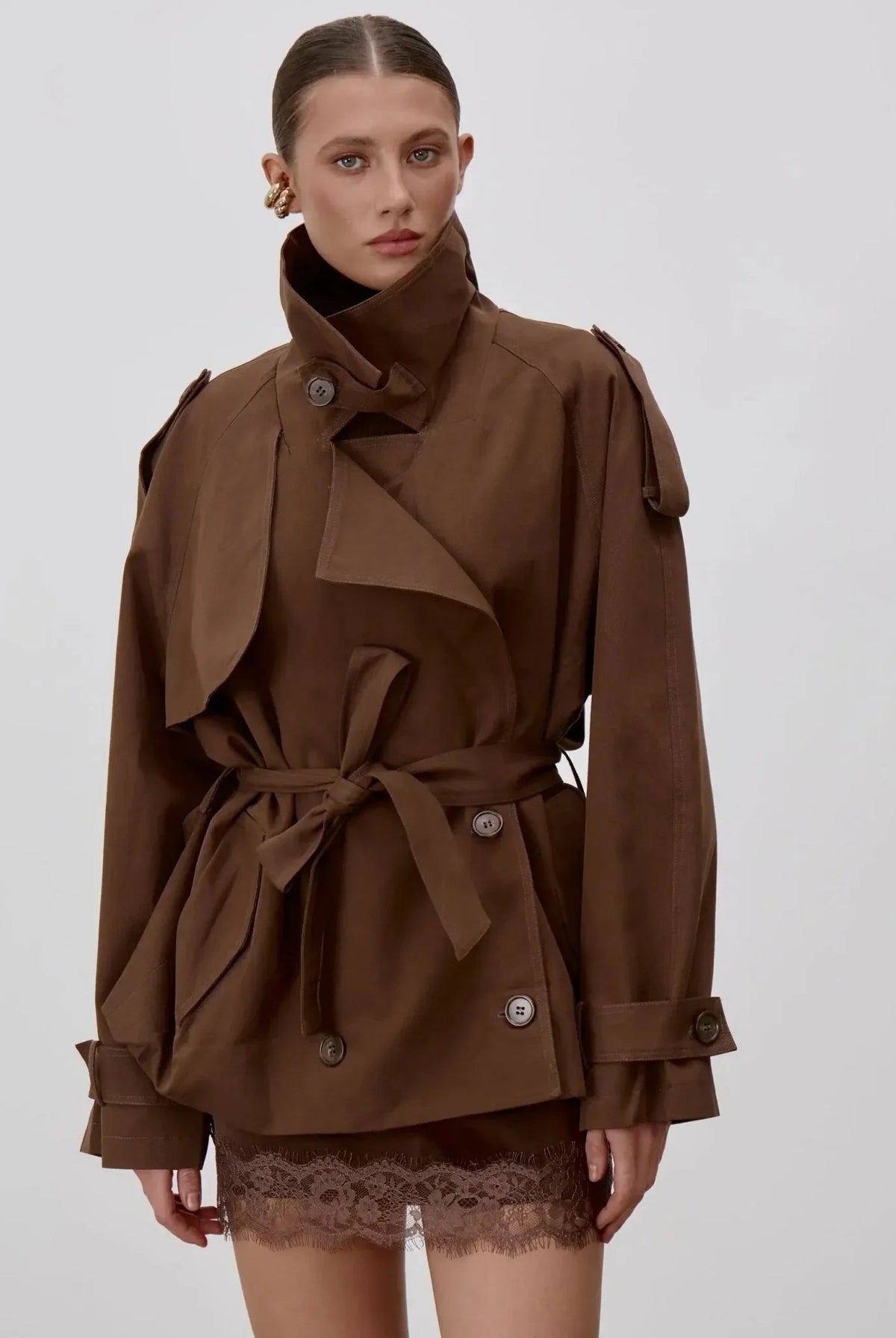 ZEYA - Donna Lace Up Stand Collar Trenchcoat