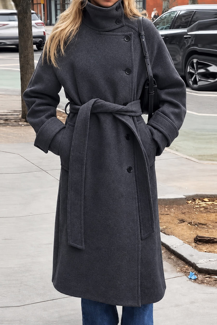 ZEYA - Feline Long Belted High Collar Coat