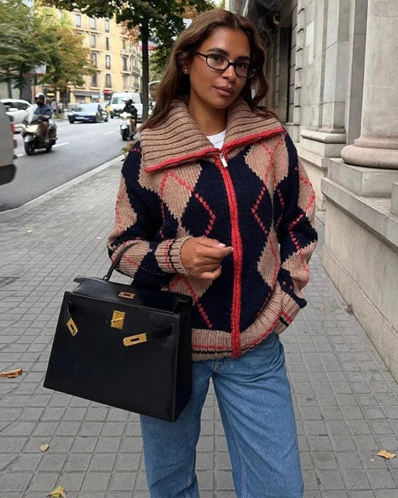 ZEYA - Lara Argyle Ribbed Knit Zip-Up Cardigan