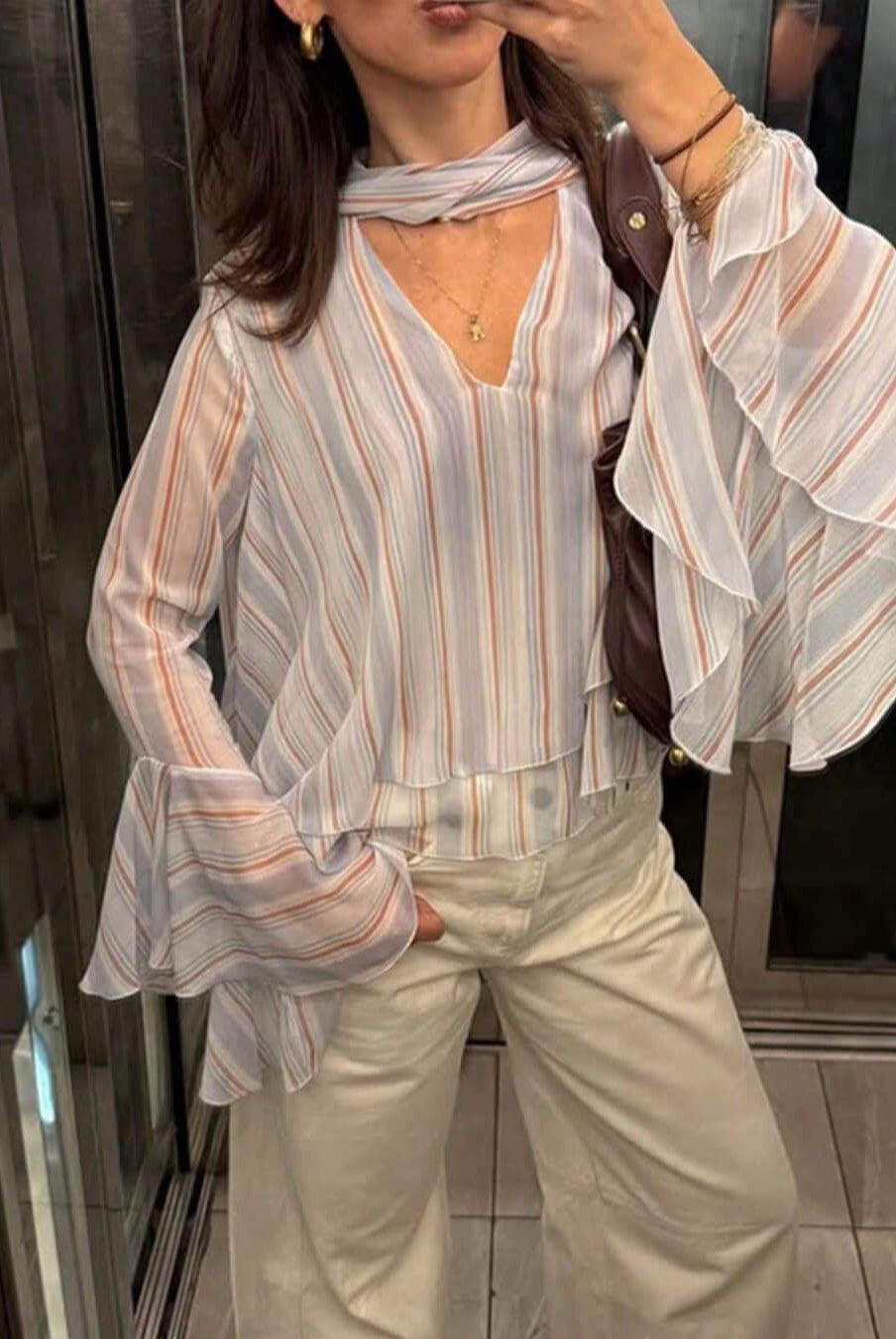 ZEYA - Sandra Stripe Ruffle Tie-Neck Blouse