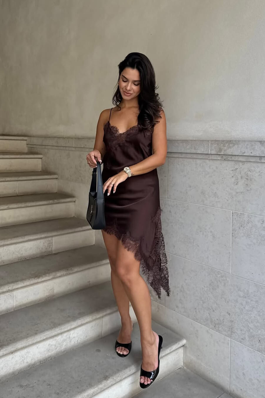 ZEYA - Sophia Asymmetric Satin Lace Midi Dress