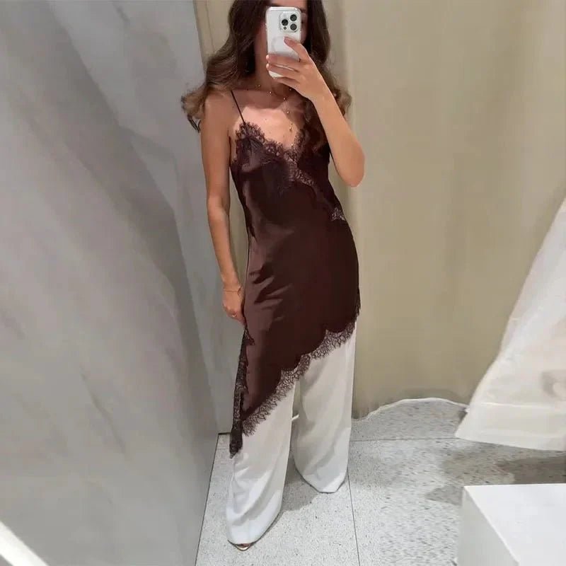 ZEYA - Sophia Asymmetric Satin Lace Midi Dress