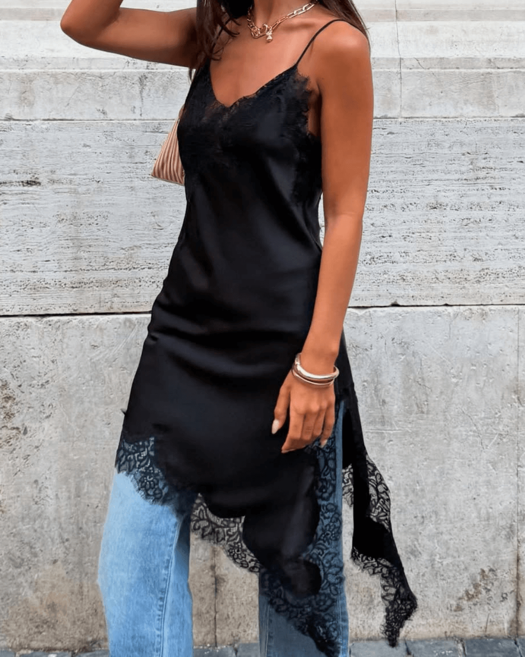 ZEYA - Sophia Asymmetric Satin Lace Midi Dress