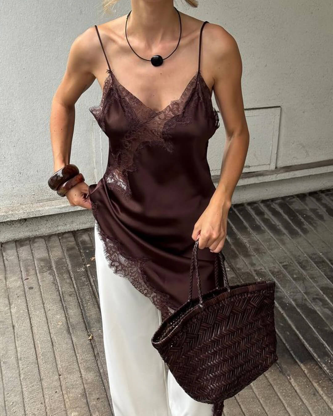 ZEYA - Sophia Asymmetric Satin Lace Midi Dress