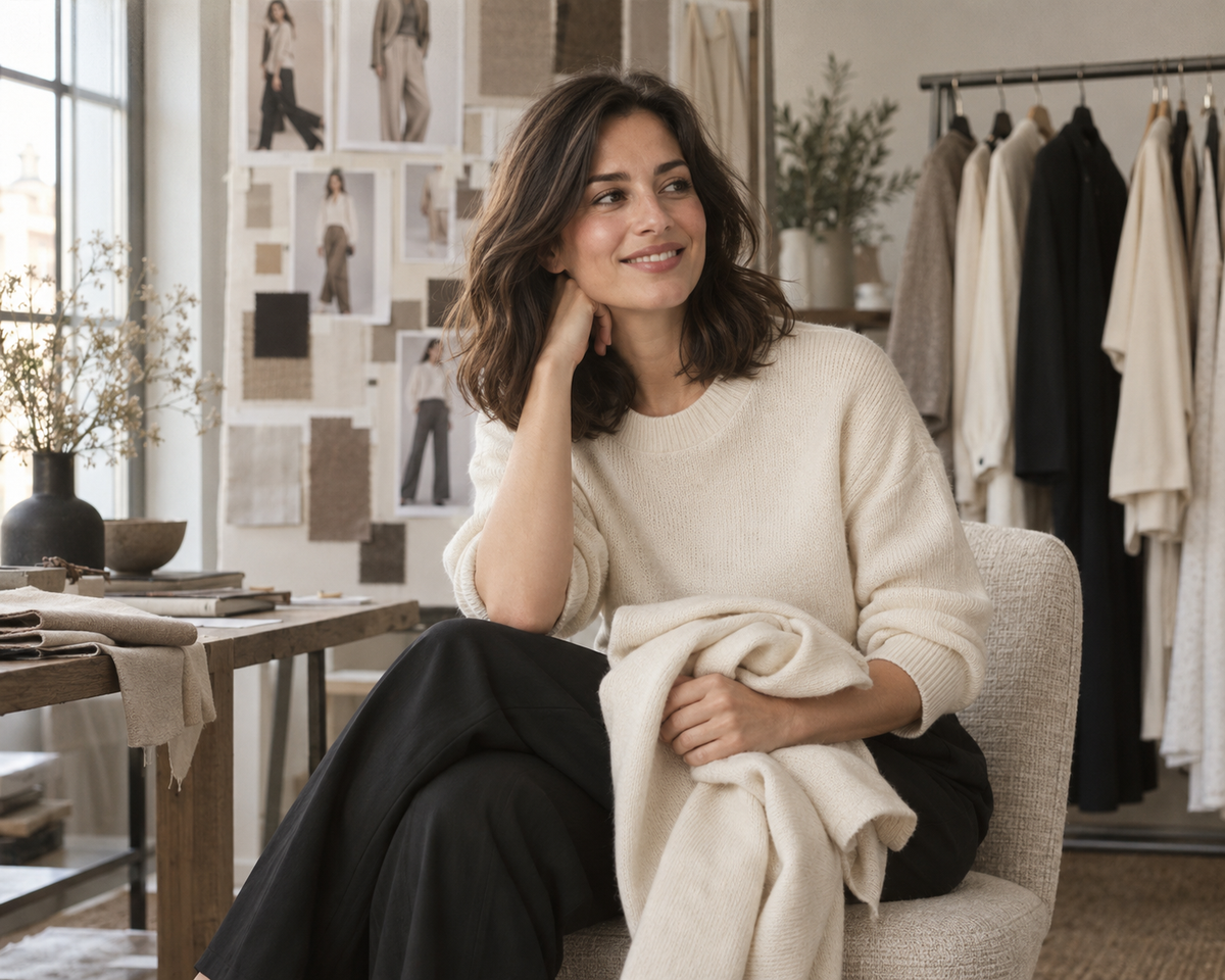 AI-genereret portrætkoncept af en kvinde i en elfenbensfarvet strik, siddende i et modeatelier.