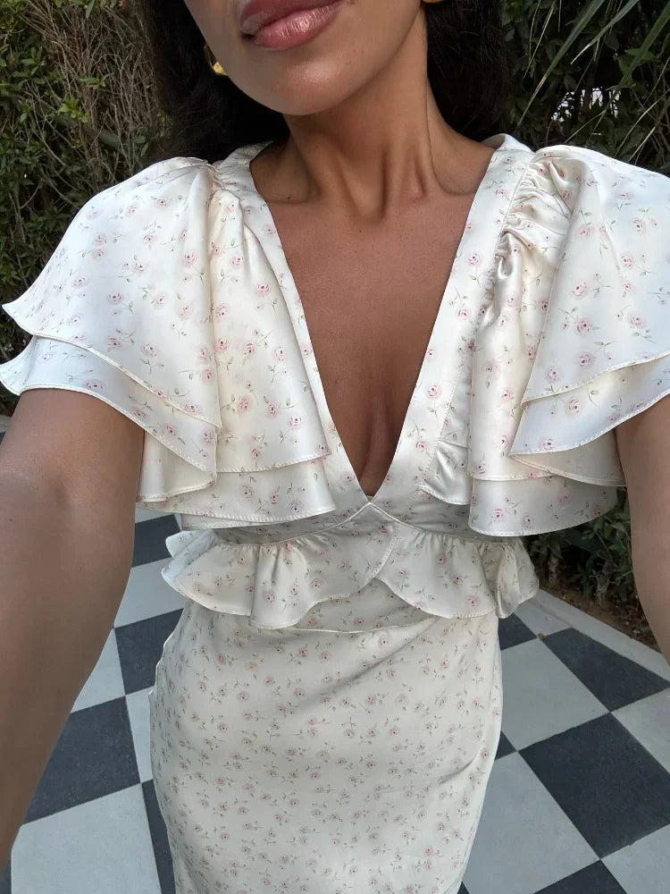 Sophia midi-kjole med flæseærmer