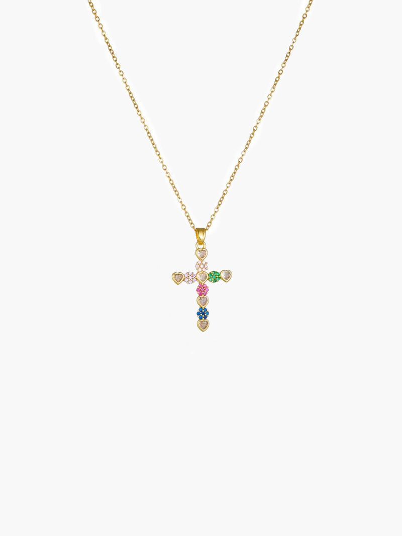 ZEYA Lucy Zircon Cross Pendant Necklace in Gold Heart Colorful
