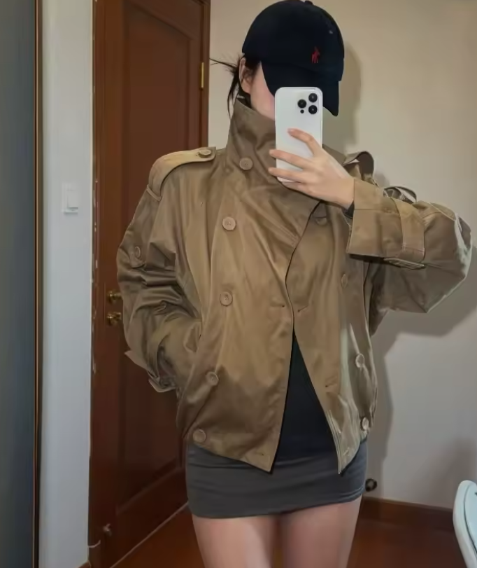 ZEYA Natalie High Funnel Neck Cropped Trench Jacket in Brown