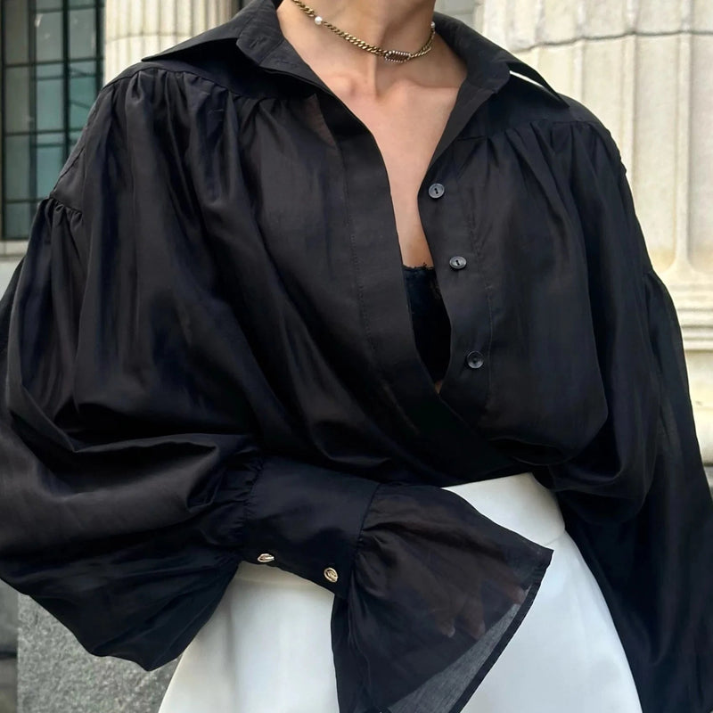 Jane Oversized Ribbon-Tie Puff Sleeve Shirt