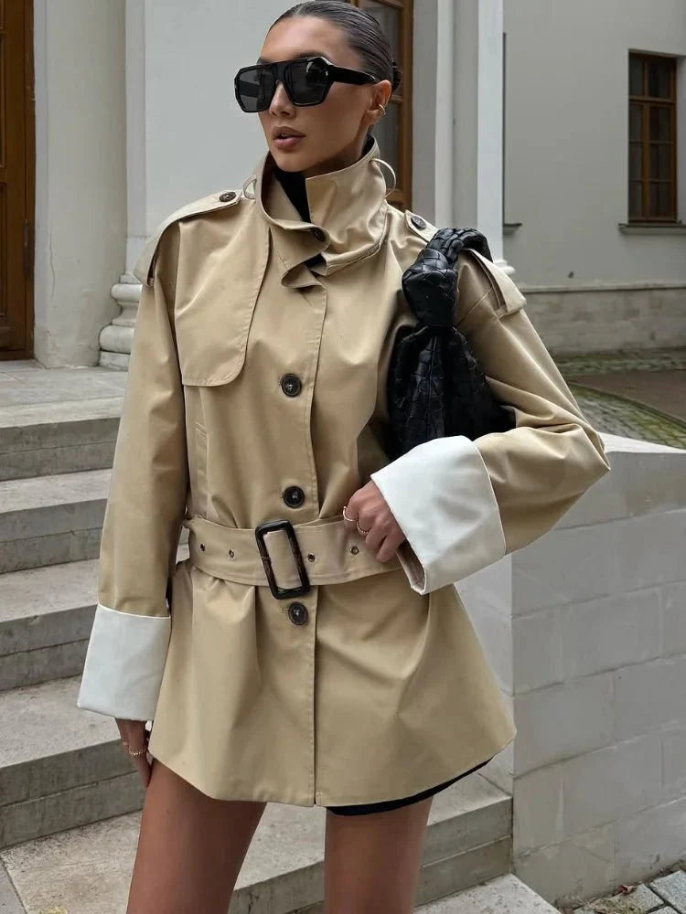 Evelyn Contrast Cuffs Belted Trench Coat