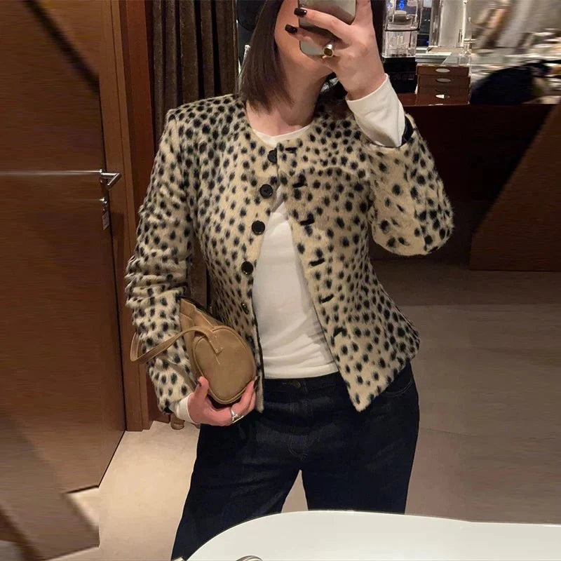 Katie Leopard Faux Fur Cropped Jakke