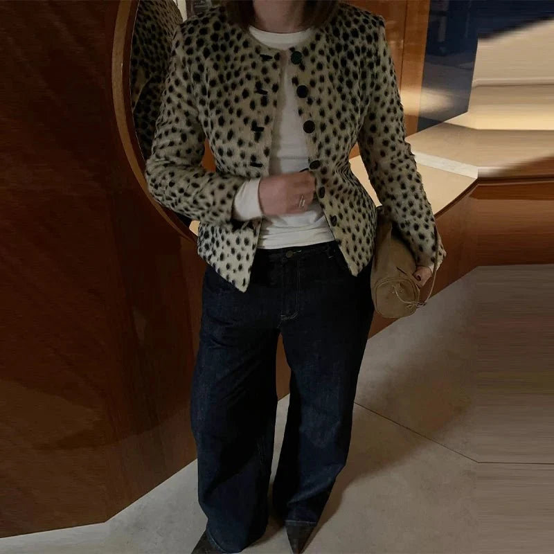 Katie Leopard Faux Fur Cropped Jakke