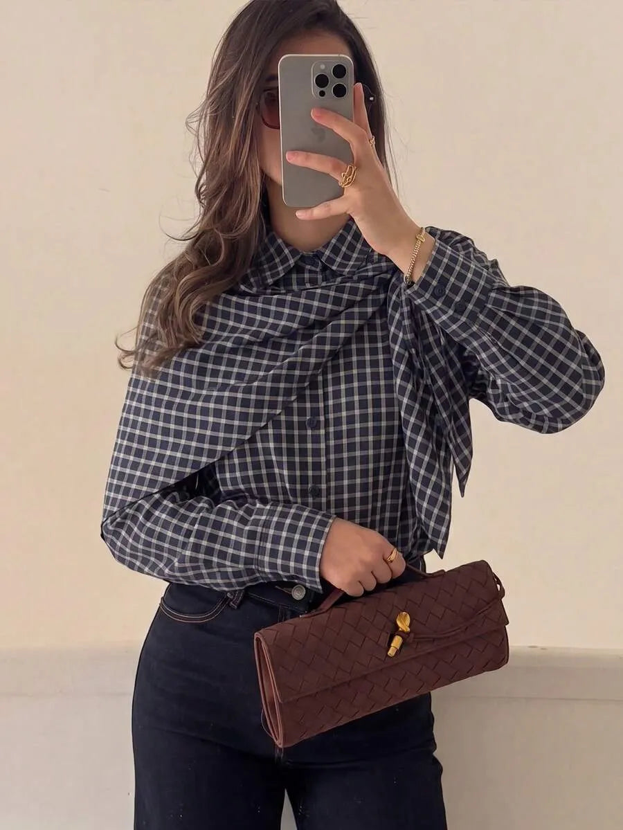 Nicole Plaid Scarf-Tie Shirt