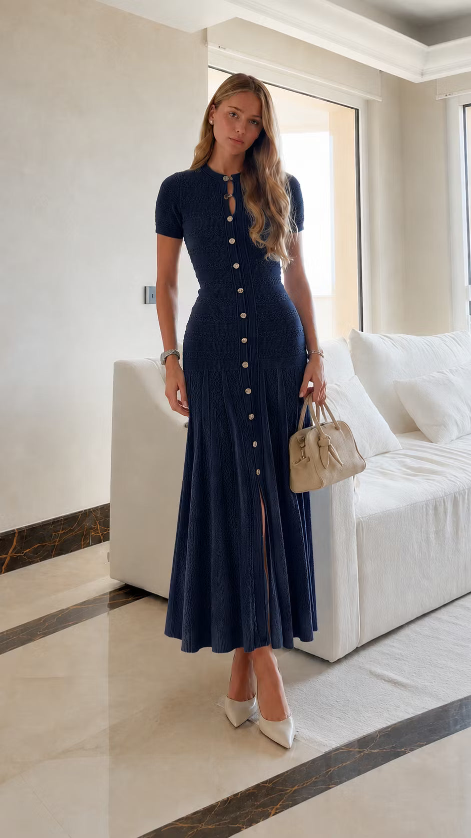 ZEYA Milena Ribbed Knit Midi Dress in Navy