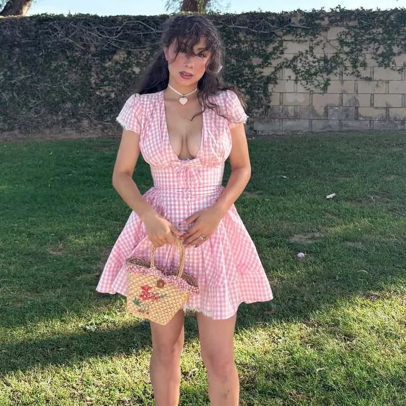 Vesna Pink Plaid Sløjfe Minikjole