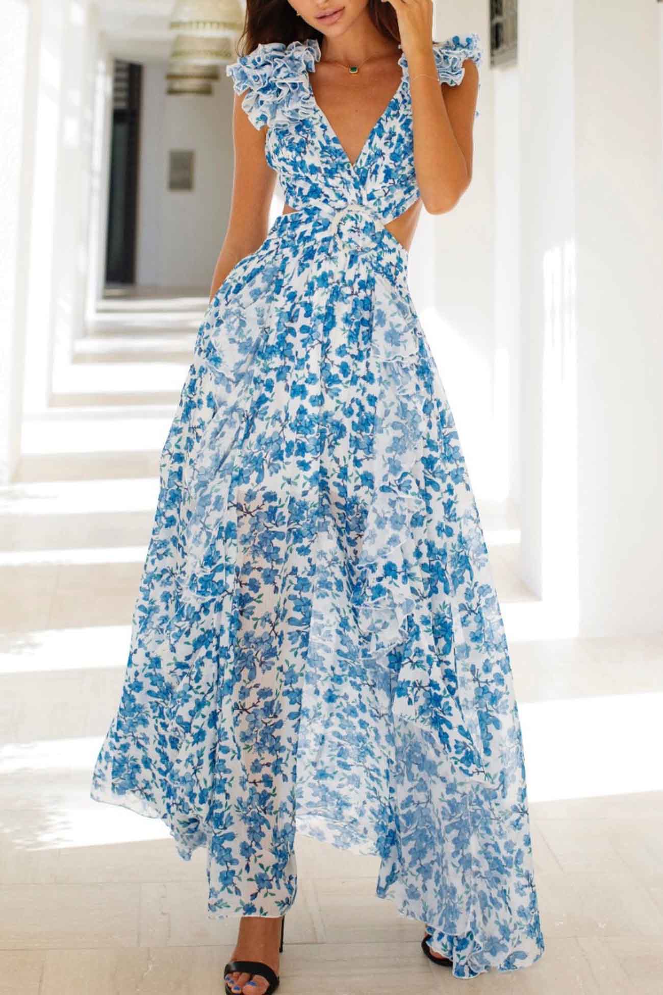 Katya maxi-kjole med blomster og flæseærmer
