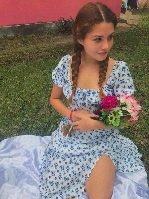 Arianna midikjole med pufærmer og blomstermønster