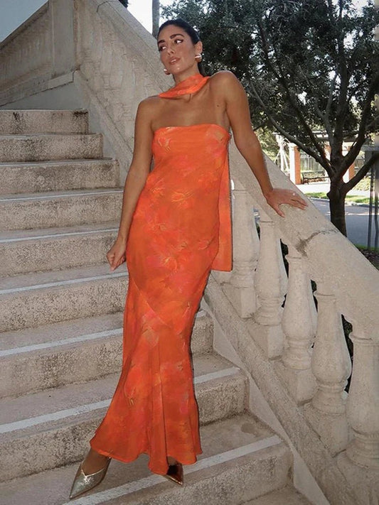 Rina stropløs mesh maxi-kjole