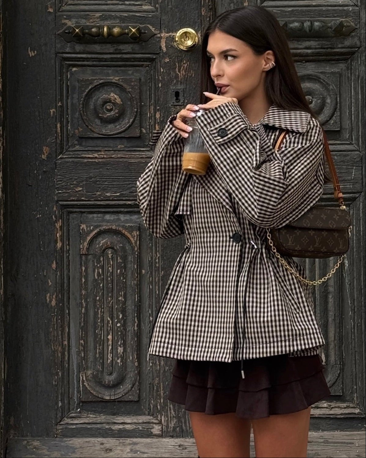 ZEYA Billie Drawstring Gingham Short Trench in Beige