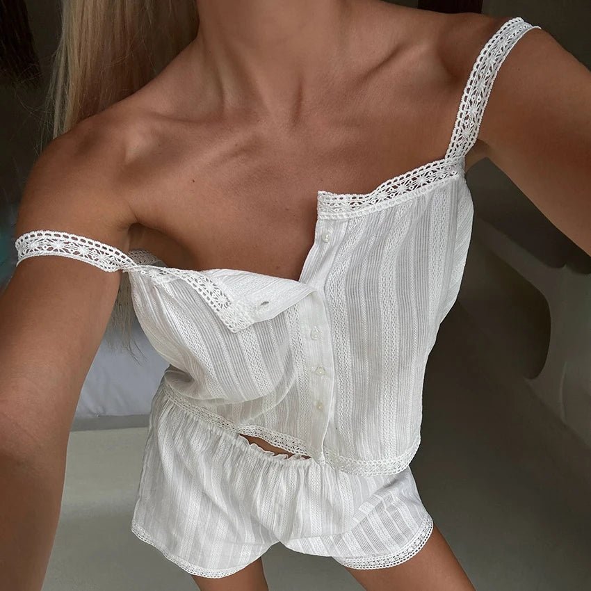 Bianca blondekant natdragtsæt med shorts