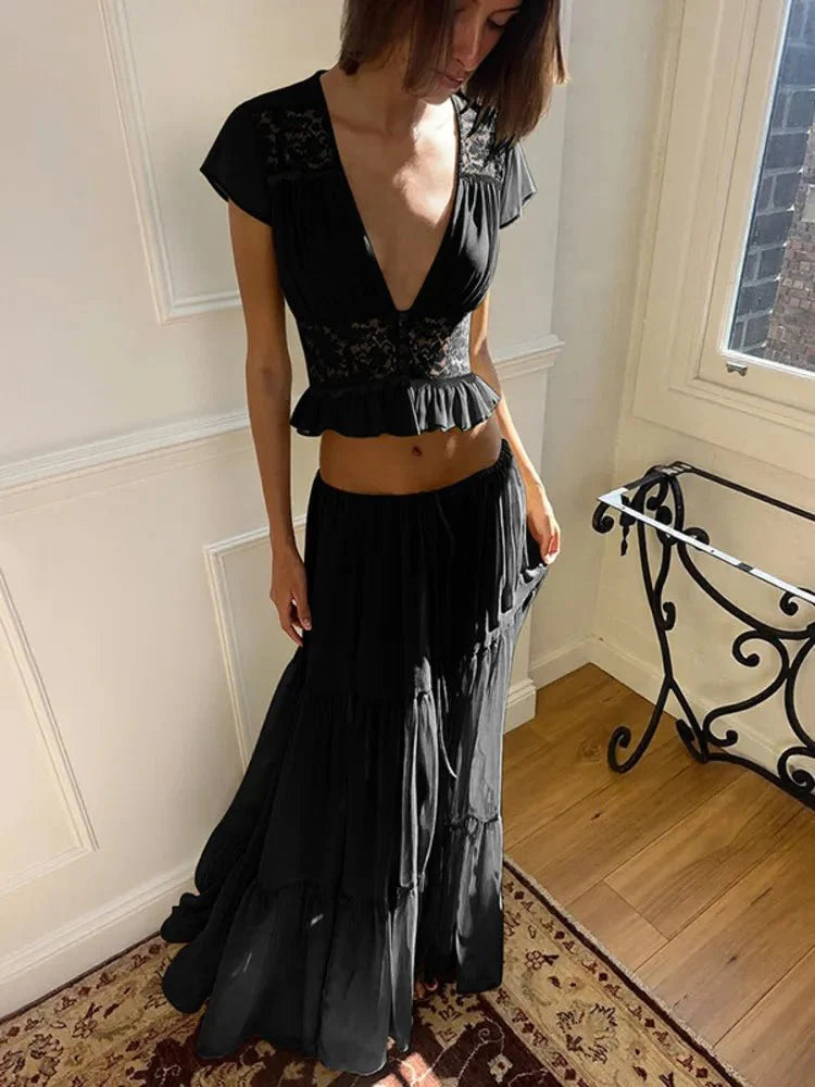 Nella blondetop og -nederdel i chiffon