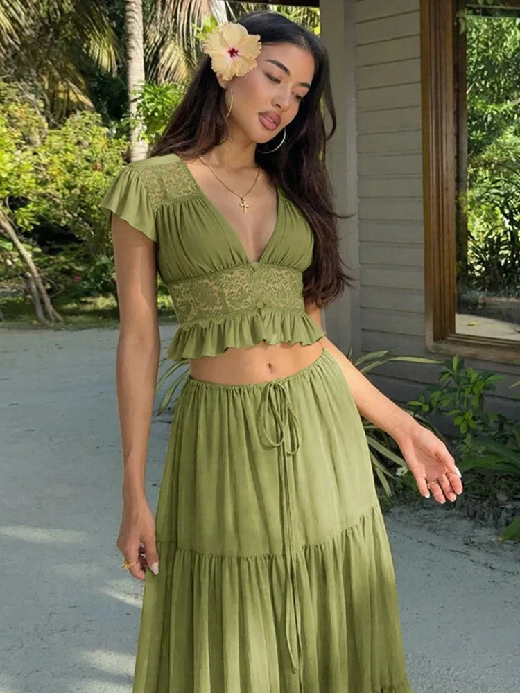 Nella blondetop og -nederdel i chiffon