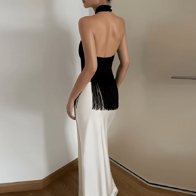 Gina satin frynse haltertop