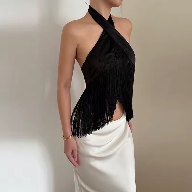 Gina satin frynse haltertop