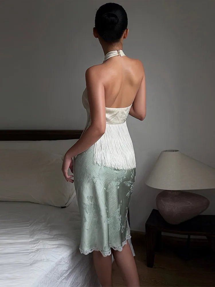 Gina satin frynse haltertop