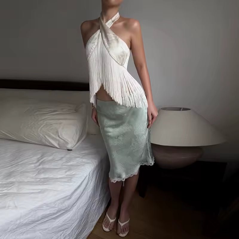 Gina satin frynse haltertop