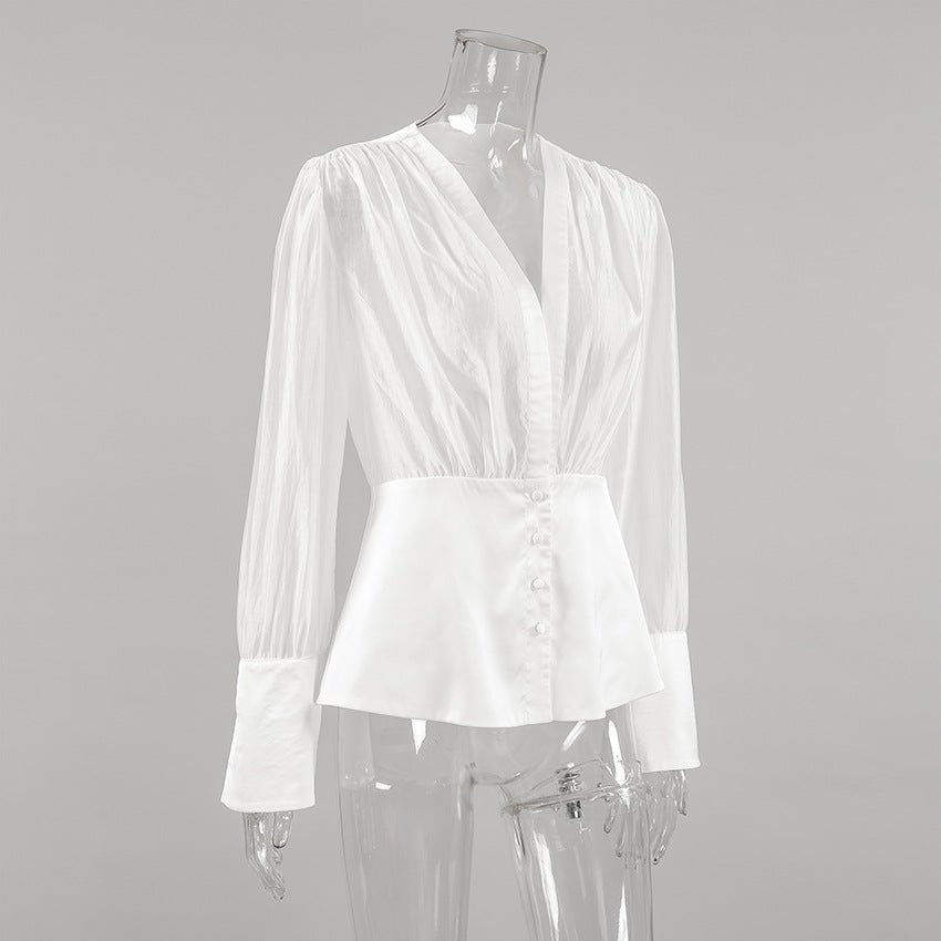 Lydia Deep Neck Sheer Button Blouse