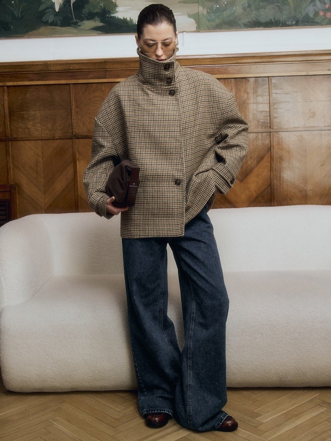 ZEYA - Amy Funnel Neck Houndstooth Short Jacket