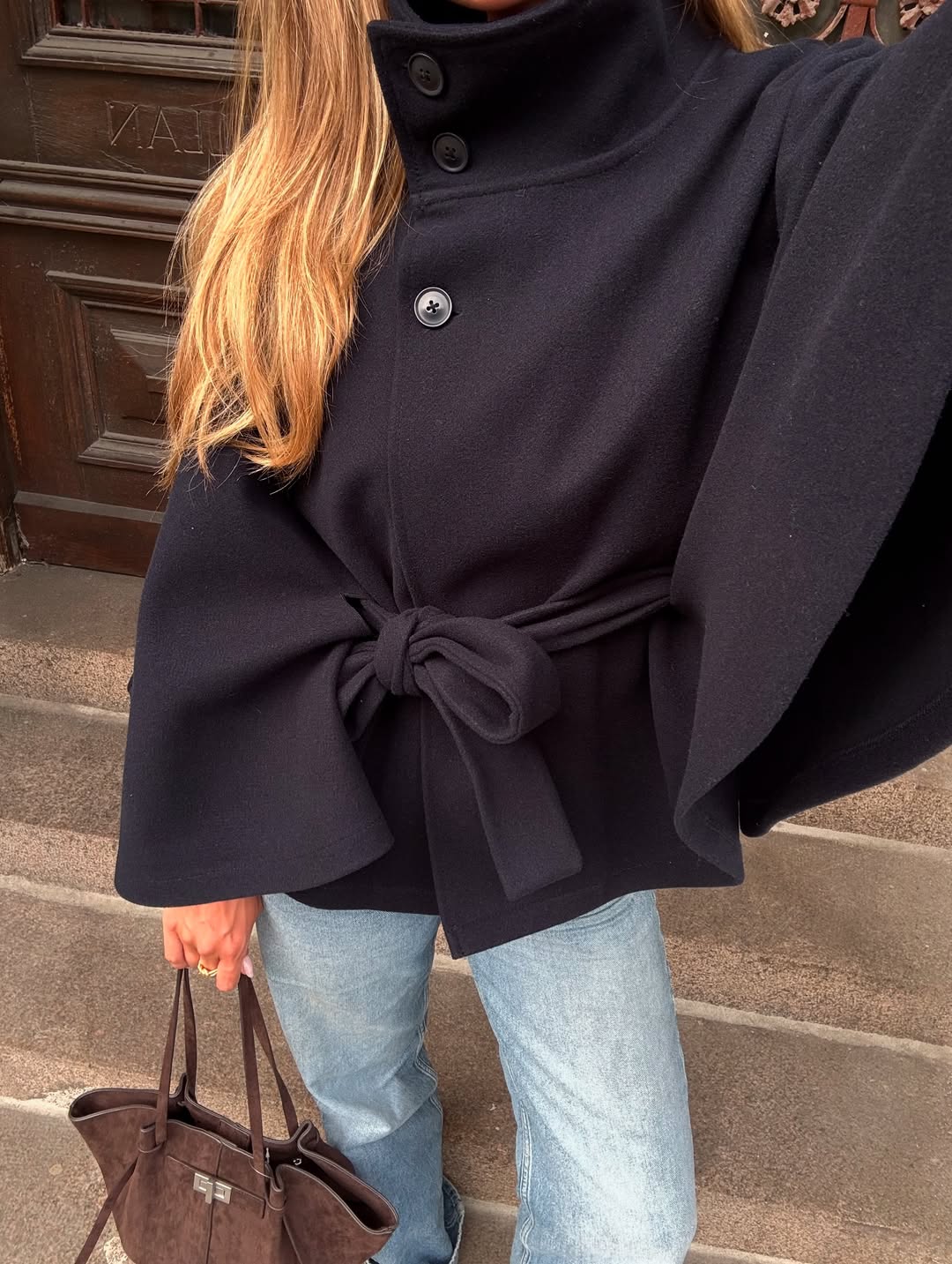 ZEYA - Arianne Elegant High - Neck Belted Cape Jacket