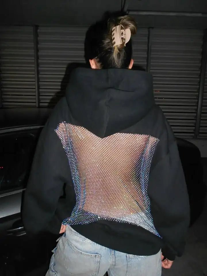 ZEYA - Bridget Rhinestone Mesh Open Back Hoodie