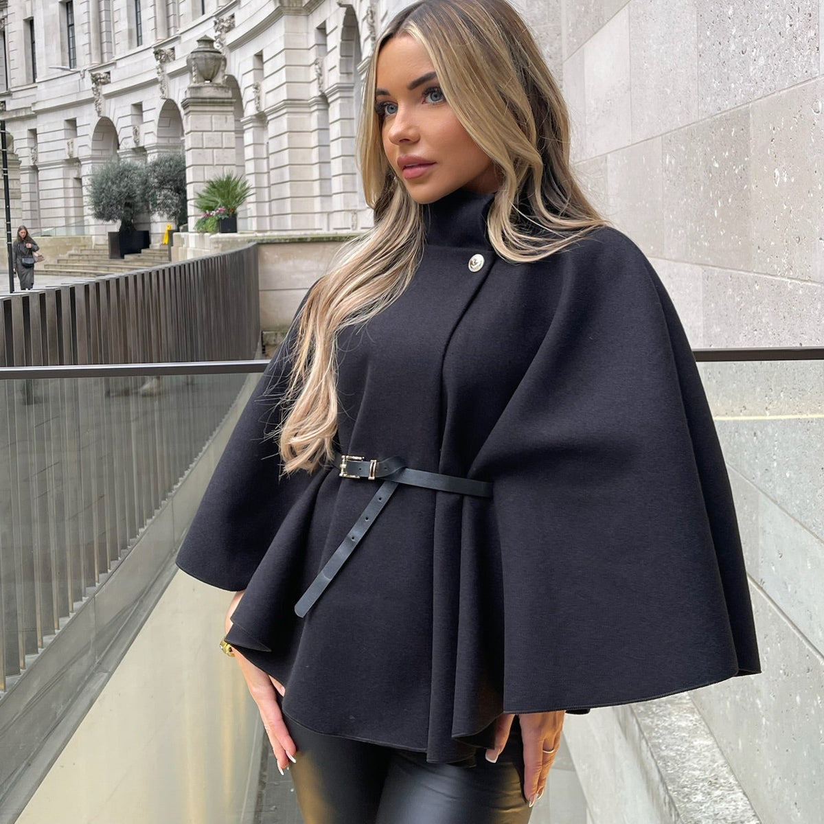 ZEYA - Caroline High Neck Cape Jacket with Belt