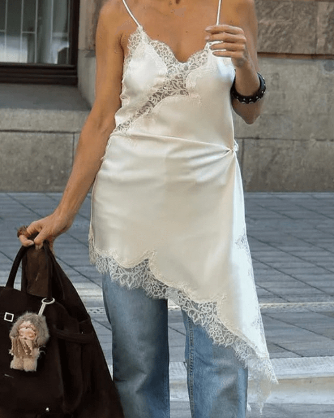 ZEYA - Chiara Asymmetric Satin Lace Midi Dress