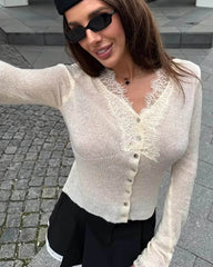 Emma V-Neck Lace Trim Cardigan