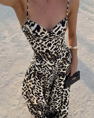 Enora Leopard Print Spaghetti Strop Maxi Kjole