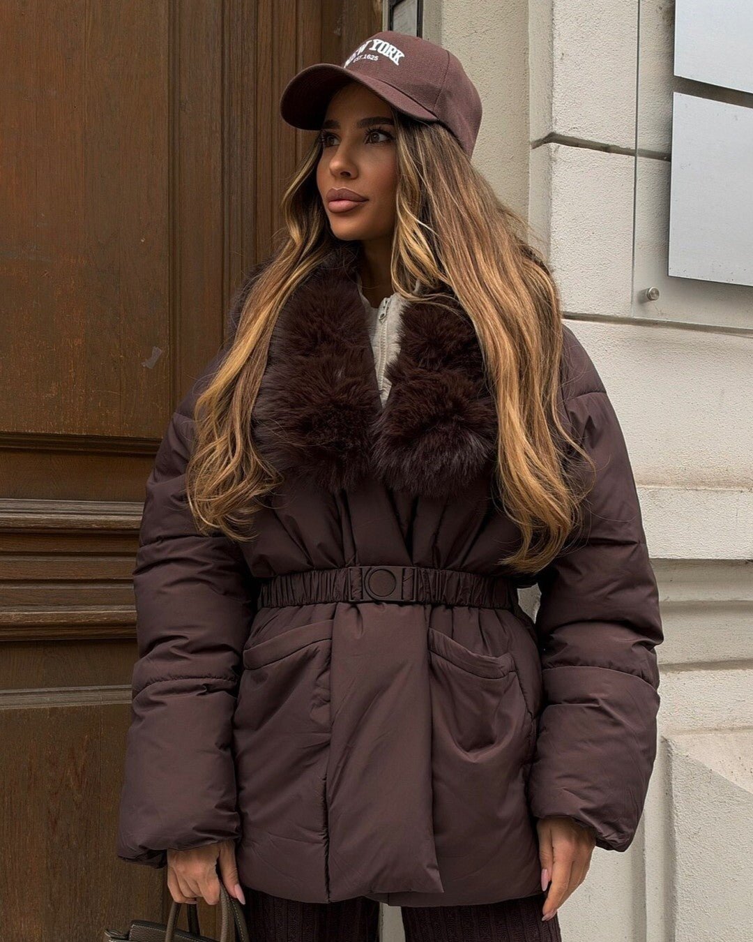 ZEYA - Katniss Belted Faux Fur Collar Quilted Parka