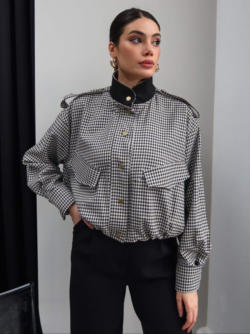 ZEYA - Lisa High Neck Checked Bomber Jacket
