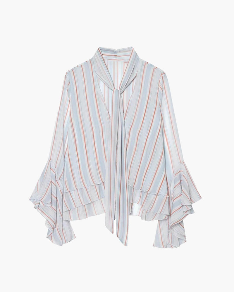 Sandra Stripe Ruffle Tie-Neck Blouse