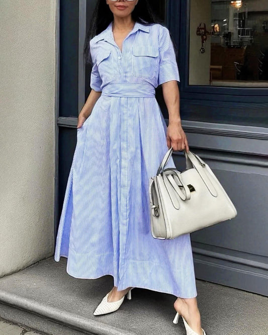ZEYA - Winona Striped Lace-Up Collar Maxi Dress